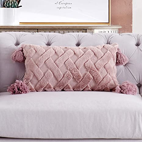 Foindtower Decorative Soft Fur Long Throw Pillow Cover with Tassels Cute Accent Embroidery Cushion Cover, Solid Tufted Geometric Pillowcase for Couch Sofa Bedroom Living Room 12x20 Inch Dusty Pink