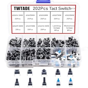 TWTADE 202PCS Micro Momentary Tactile Push Button Switch Assortment Kit 10 Values 4 Pins 6x6mm & 7x7mm Tact Switches