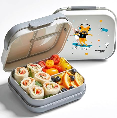 Bentoheaven Premium Bento Lunch Box for Kids, 9 Designs, Leak-proof 3-4 Compartments, Divider, Ideal size 30oz, Microwave/Dishwasher Safe Kids Bento Box (Loncheras Para Niños/Niñas)[Sand Gray]