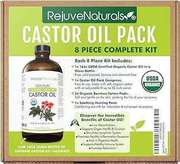 Castor Oil Pack for Liver Detox - 8 Piece Complete Kit. Includes 16oz Glass Bottle of Organic Castor Oil, Easy to use Castor Oil Compress with Adjustable Fit, 5 Soft Cotton Pads & Soothing Heat Pack..