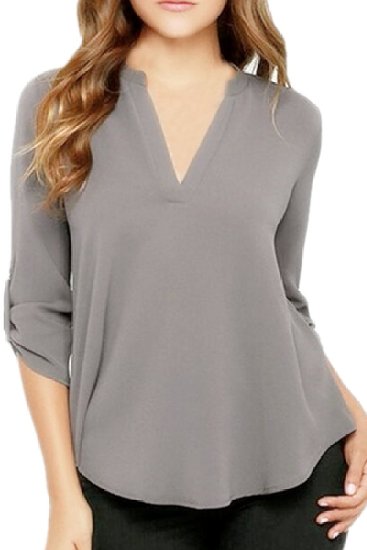 Chase Secret Womens V Neck Blouses Solid Loose Casual Cuffed Sleeve Shirt Top