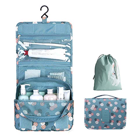OrgaWise Hanging Toiletry Bag Cosmetic Makeup Organizer Waterproof Travel Toiletry Bag for Women Girls with Sturdy Hook and free Drawstring bag(Blue-Daisy)