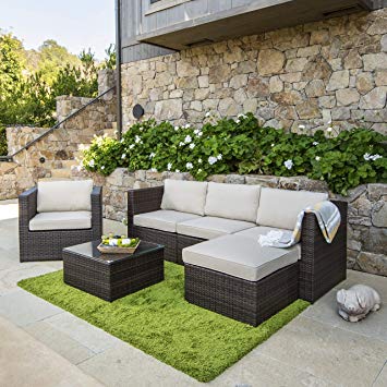 Supernova Patio Furniture Wicker Rattan Sectional Sofa Set 6pc No Assembly Required with Lounge Ottoman All-Weather, Brown