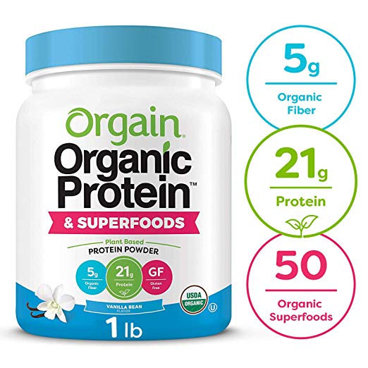 Orgain Organic Plant Based Protein   Superfoods Powder, Vanilla Bean - Vegan, Non Dairy, Lactose Free, No Sugar Added, Gluten Free, Soy Free, Non-GMO, 1.12 lb