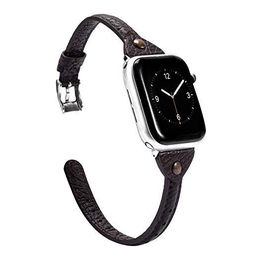 Wearlizer Embossed Thin Leather Compatible with Apple Watch Band 42mm 44mm iWatch Women Men Brownish Strap Slim Wristband Leisure Exclusive Bracelet (Metal Silver Buckle) Series 4 3 2 1 Edition Sport