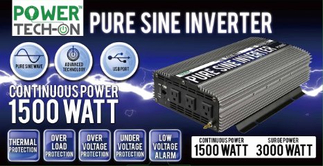 PowerTech ON Advanced Technology PURE SINE WAVE Inverter 1500W Cont/3000W Peak, 12v Dc -120v Ac W/black & Red Cables W/ring Terminals, Remote Switch, Protection System & 4 Output Sockets-PS1005