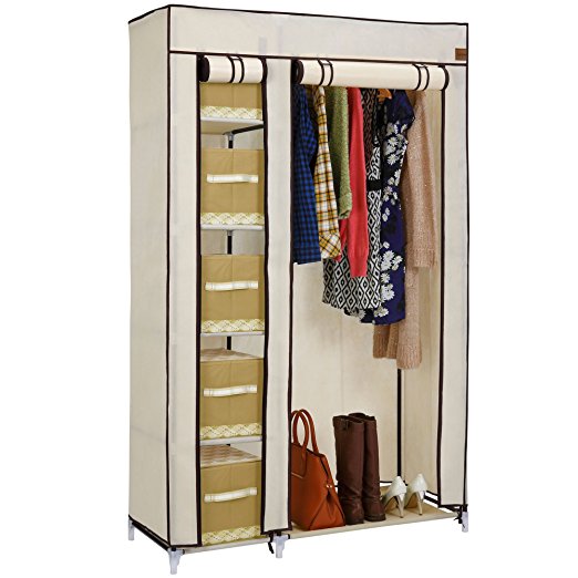 VonHaus Double Canvas Effect Wardrobe Clothes Cupboard Hanging Rail Storage - 6 Shelves - Beige - W110 x D45 x H175cm - FREE 2 Year Warranty