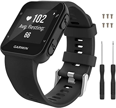 MoKo Watch Band for Garmin Forerunner 35, Soft Silicone Replacement Watch Band Sport Bracelet Strap with 6pcs Screws and 2pcs Screwdrivers for Garmin Forerunner 35 GPS Running Smart Watch, Black