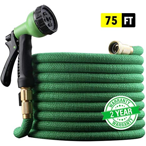 EnerPlex [2019 Model] X-Stream 75 ft Non-Kink Expandable Garden Hose, 10-Pattern Spray Nozzle Included, 3/4” Brass Fittings Shutoff Valve, Best 75' Foot Garden Hose - 2 Year Warranty - Green