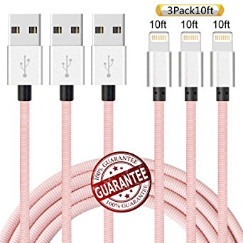 Zcen Lightning Cable, 3Pack 10Ft Nylon Braided Cord iPhone Cable to USB Charging Charger for iPhone 7, Plus, 6, 6S, SE, 5S, 5, 5C, iPad, iPod (Pink)