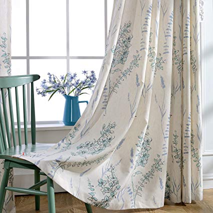 KoTing Blue Teal Flower Linen Curtains 1 Panel Teal Sage Blackout Lined Curtains Drapes Grommet 72W by 84L Inch