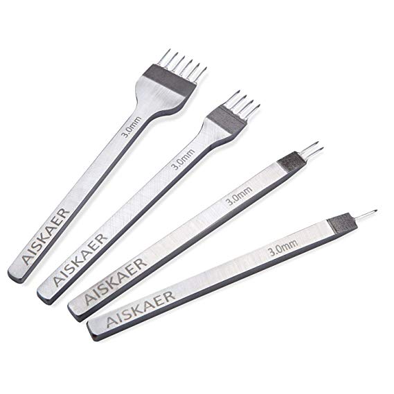 Aiskaer White Steel 3mm 1/2/4/6 Prong DIY Diamond Lacing Stitching Chisel Set Leather Craft Kits(3mm)