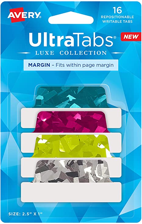 Avery Margin Ultra Tabs, 2.5" x 1", Holographic Jewel Tone Colors, 16 Repositionable Page Tabs (74147)