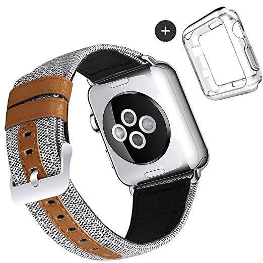 Deyo Compatible Apple Watch Bands with Screen Protector Case Cover,38mm/42mm Women Men Canvas Fabric with Genuine Leather Straps with Metal Clasp Compatible iwatch Series 3/2/1 Edition Nike