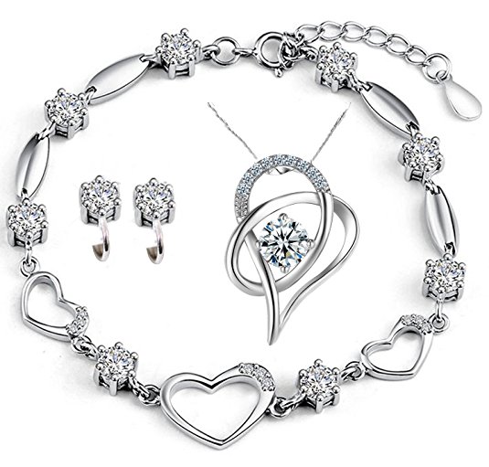 Sterling Silver Bracelets Necklace Earrings Heart Crystal Authentic Link Bracelet Valentines Gifts