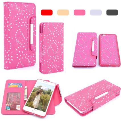 iPhone 6 / iPhone 6S Case, HESPLUS Bling PU leather Flip Detachable Wallet Case with Credit Card Slot Holder for Apple iPhone 6 / iPhone 6S 4.7 Inch (pink)