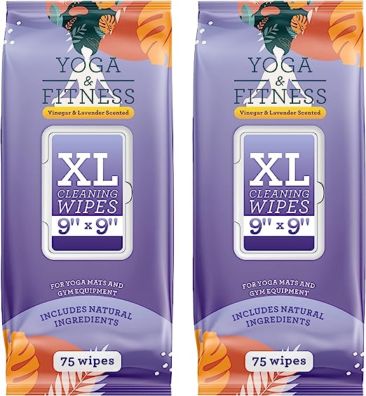 [2 Pack] Extra-Large Fitness Equipment Wipes with Durable Cloth Construction - 9X9" Gym Wipes for Equipment Cleansing - Double Seal Yoga Mat Cleaner Wipes - Lavender Scent Yoga Mat Wipes - 75 per Pack