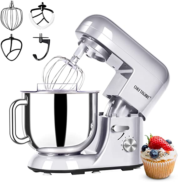 CHEFTRONIC Stand Mixer, 7 Qt Tilt-Head Electric Household Stand Mixer - 650W 6-P Speed, Multifunctional kitchen Stand up Mixer with Dough Hook, Whisk, Food Beater And Butter Beater, Silver