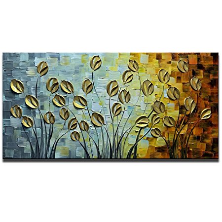 Asdam Art - Oil Paintings on Canvas Budding Flowers Art 100% Hand-Painted Abstract Artwork Floral Wall Art Decorative Pictures Home Decor Golden (20X40 inch)