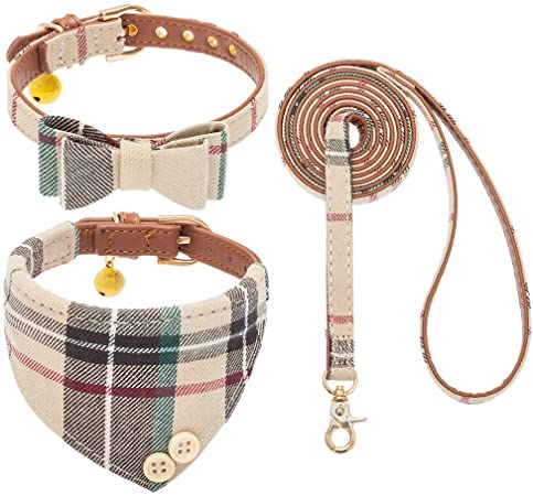 EXPAWLORER Bow Tie Dog Collar and Leash Set Classic Plaid Adjustable Dogs Bandana and Collars with Bell for Puppy Cats 3 PCS