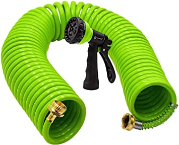 AUTOMAN-Garden-Water-Hose-Recoil,50 Feet EVA Curly Water Hose with Brass Connectors,Watering Hose Coil,Includes 7-Pattern Function Sprayer,Retractable,Corrosion Resistant Garden Coil Hose.Green