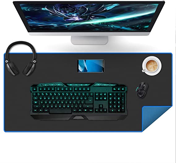 Large Gaming Mouse Pad for Laptop(35.4x15.7x0.16in), Black Thick Computer Extended Mousepad 35% Larger Smooth Keyboard Mat with Non Slip Blue Rubber Base, Desk Pad Blotter with Durable Stitched Edges