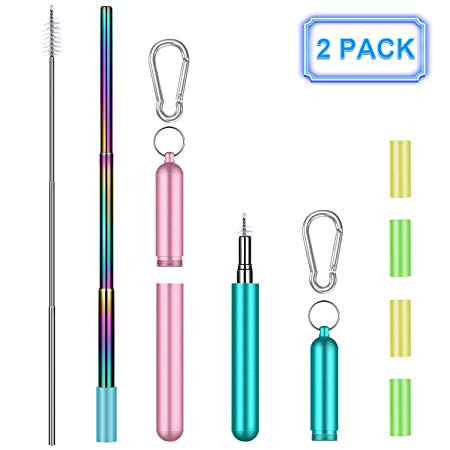 2 Pack Collapsible Reusable Straws Telescopic Stainless Steel Metal Straws with Portable Aluminum Travel Case & Cleaning Brush & Keychain & Silicone Tips for Cold or Hot Drinks(Rose Golden/Light Blue)