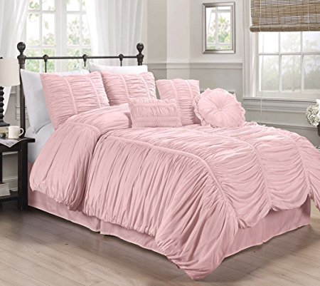 Chezmoi Collection 7-piece Chic Ruched Comforter Set (With Throw Pillows) (Queen, Pink)