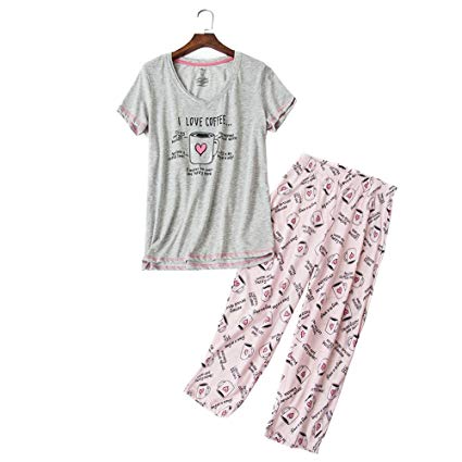 YIJIU Women's Short Sleeve Tops Capri Pants Cute Cartoon Print Pajama Sets