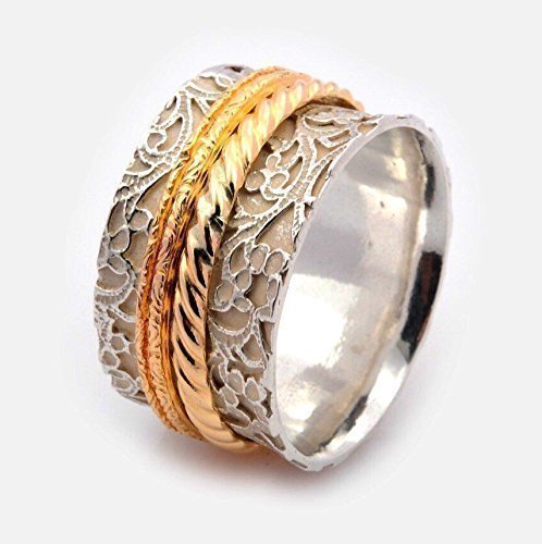 Wide meditation Spinner ring silver and gold wedding band sizes 6 to 9