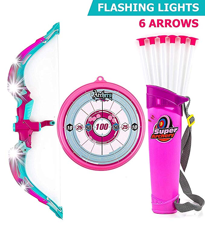 Toysery Bow and Arrow for Kids with LED Flash Lights - Archery Bow with 6 Suction Cups Arrows, Target, and Quiver - Practice Outdoor Toys for Children Above 6 Years of Age, Pink