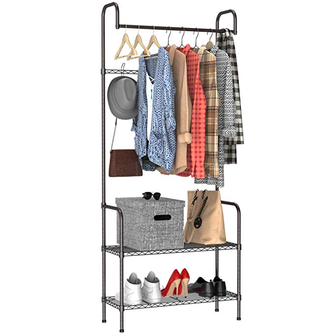 Pipishell Metal Clothing Storage Rack with Shoe Rack, Hat Rack, Entryway Coat Rack, Hallway Garment Rack Bench Max Capacity 66lbs, Single Rod, 5 Hooks(Height Adjustable), 2-Tier Hall Trees