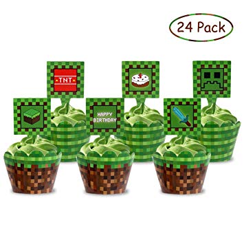 Pixel Cupcake Toppers and Wrapper Happy Birthday Party Printable Cake Decoration Block Games Inspired Supplies 24pcs