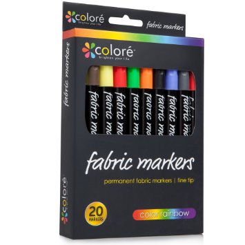 Colore Premium Fabric Markers - 20 High Quality Rich Pigment Fine Permanent Graffiti Coloring Pens - Child Safe & Non Toxic - For Art Writing on Bags, Shoes, T-shirts & Other Fabric Paint Materials