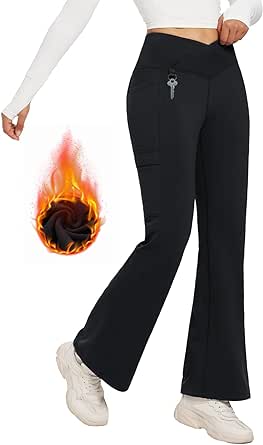 BALEAF Women's Fleece Lined Pants Winter Thermal Water Resistant Crossover Flare Leggings Warm Bootcut Hiking Outdoor