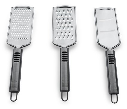 Set of 3 Professional Stainless Steel Graters for Cheese, Vegetables, Chocolate for kitchen preparation needs - Fine grater, Coarse grater and Large shaver, each with a Stylish Protective Fabric Bag