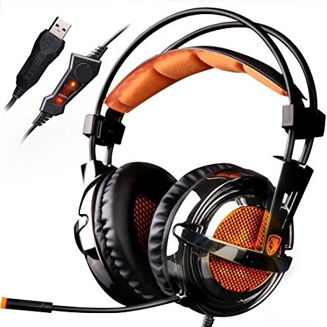 SADES A6 7.1 Virtual Surround Sound Stereo Over-ear PC USB Gaming Headset with Microphone Vibration Volume Control LED Lights(Electroplating Cover), Black-Orange