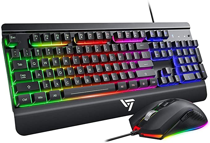 VictSing Wired Gaming Keyboard and Mouse Combo, Metallic Rainbow LED Backlit Gaming Keyboard and 4200 DPI Gaming Mouse, 7 Programmable Button LED Backlit Gaming Mouse for Windows PC Gamers