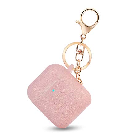 Bqmte Silicone Case Compatible for AirPods, [Front LED Visible] Cute Glittery Accessories Protective Case Cover with Keychain for AirPods 2 & 1 (Baby Pink)