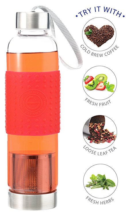 GROSCHE Marino 550ml/18.6oz Water and Tea Travel Infuser, Glass and Stainless Steel Sport Water Bottle with Infuser; Tea Tumbler, Cold Brew Coffee Maker, and Water Bottle