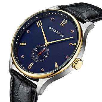 BETFEEDO Luxury Men's Wrist Watch, Genuine Leather Watch Band - 44mm Analog Watch - Japanese Quartz Movement