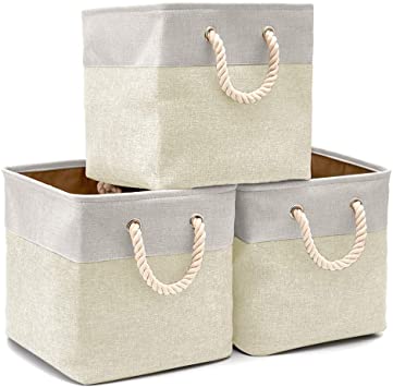 EZOWare Set of 3 Collapsible Storage Cube Basket, Foldable Canvas Fabric Tweed Storage with Handles for Home Office Closet (33 x 33 x 33cm) - Cream