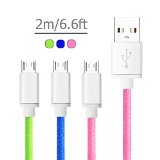 Micro USB Cable 6ft2m Nylon Braid Data Durable Flexible Fabric Sync Charging Cord with Metal Connector Head from Boxeroo3-PackAssorted in Color for Samsung Galaxy HTC Motorola and More Android Cellphone