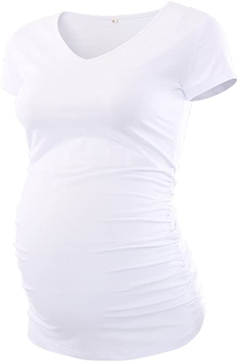 BBHoping Women's Maternity Shirts Short Sleeve V Neck Classic Side Ruched Pregnancy Tops