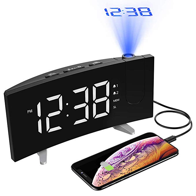 PICTEK Projection Alarm Clock, 5'' LED Curved Screen Digital Projection Clock with Dimmer, FM Radio Alarm Clock, Dual Alarms for Kids Bedrooms, 12/24 Hour, Snooze Function, Sleep Timer, USB Charging