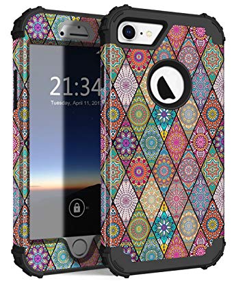 Hocase iPhone 8 Case/iPhone 7 Case, Shockproof Protection Heavy Duty Hard Plastic Silicone Rubber Bumper Full Body Protective Case for iPhone 8/iPhone 7 (4.7-inch Display) - Mandala Flowers/Black