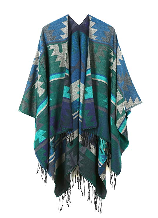 JURUAA Women's Fringed Cashmere Fleece Poncho Shawl Wrap Coat