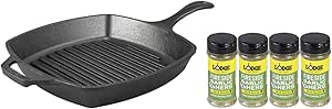 Bundle of Lodge 10.5 Inch Cast Iron Pre-Seasoned Square Grill Pan   Lodge Sear Blend 4.8 oz (4 Pack) – Fireside Garlic & Herb