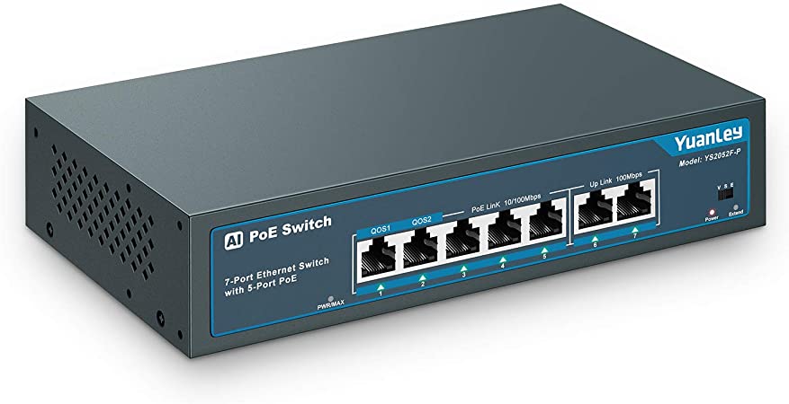 YuanLey 7 Port AI PoE Switch, 5 PoE  Port 100Mbps, 2 Uplink, 78W 802.3af/at, Metal Desktop, Qos, Unmanaged Plug and Play AI Smart Detection Ethernet Switch