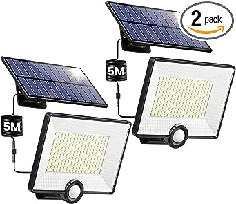 [2-Pack] Solar Outdoor Lights, 204 LED 3 Lighting Modes Solar Powered Motion Sensor Flood Lights, IP65 Waterproof, Sensitive PIR Motion, Split Solar Security Lights with 16.4ft Cable for Patio, Garage